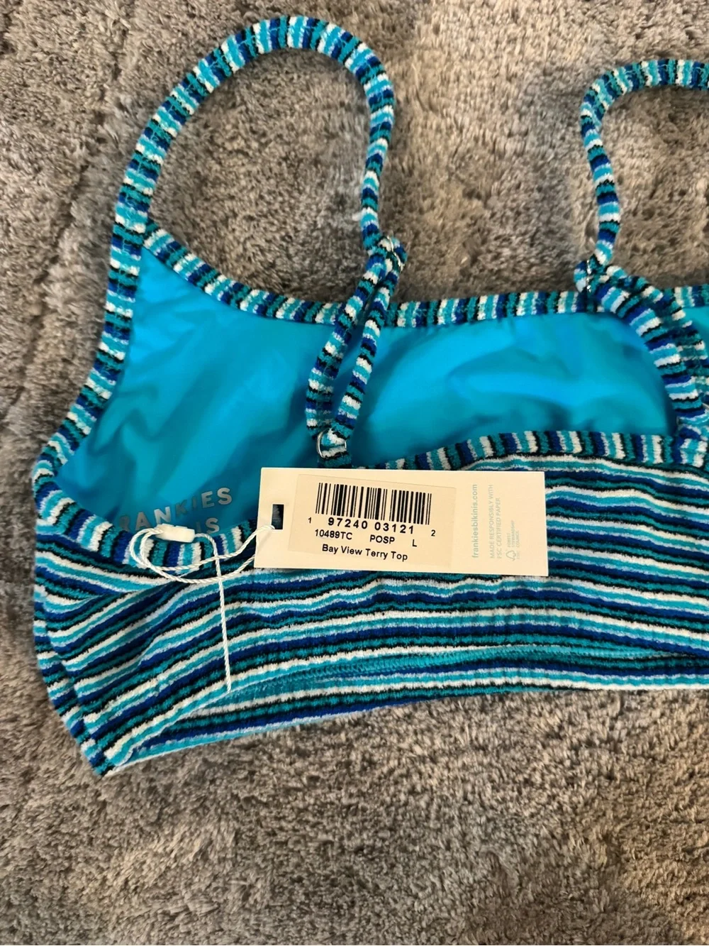 Frankie’s Bikinis Blue & White Stripe Bay View Terry Bikini Top